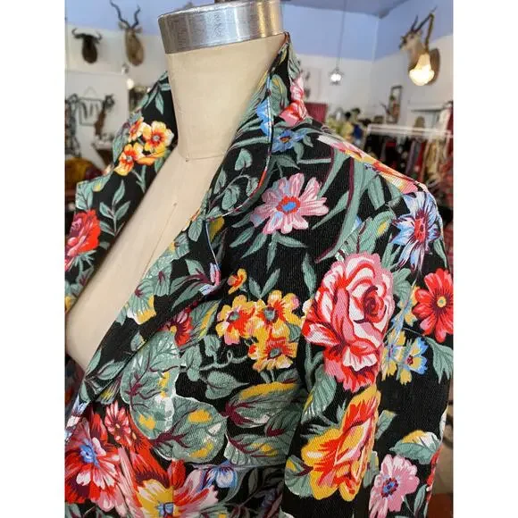 1980s denim skirt and jacket bright flower print 80s fashion 2 piece jean sm - Picture 5 of 10